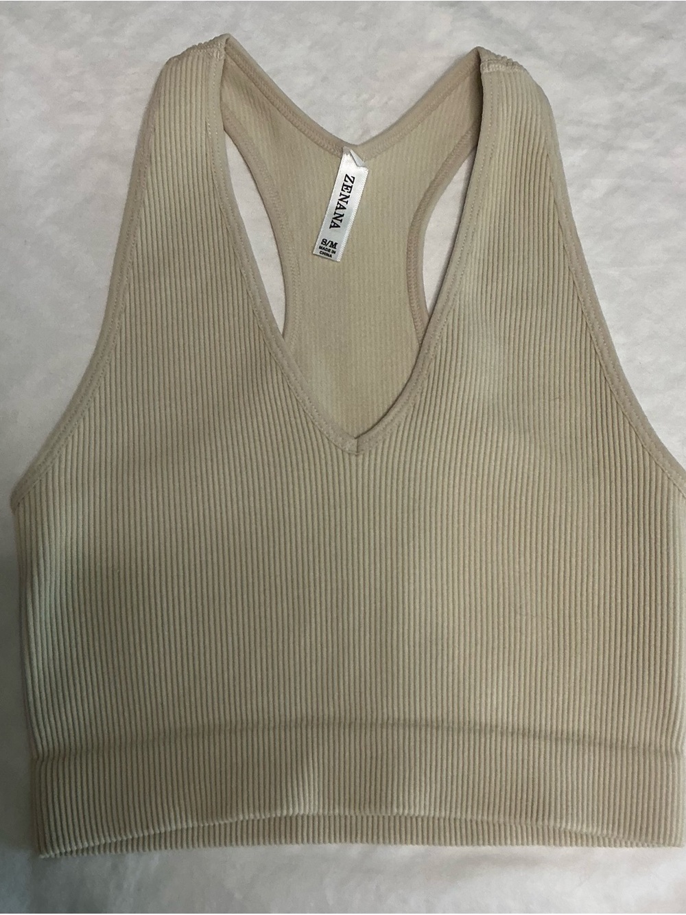 Zenana Outfitters Ribbed V-Neck Racerback Crop Tank in Beige